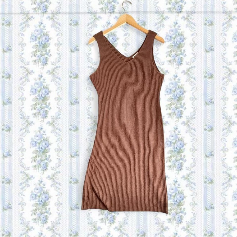 Joysons Women's Large Chocolate Brown midi ribbed bodycon v-neck dress